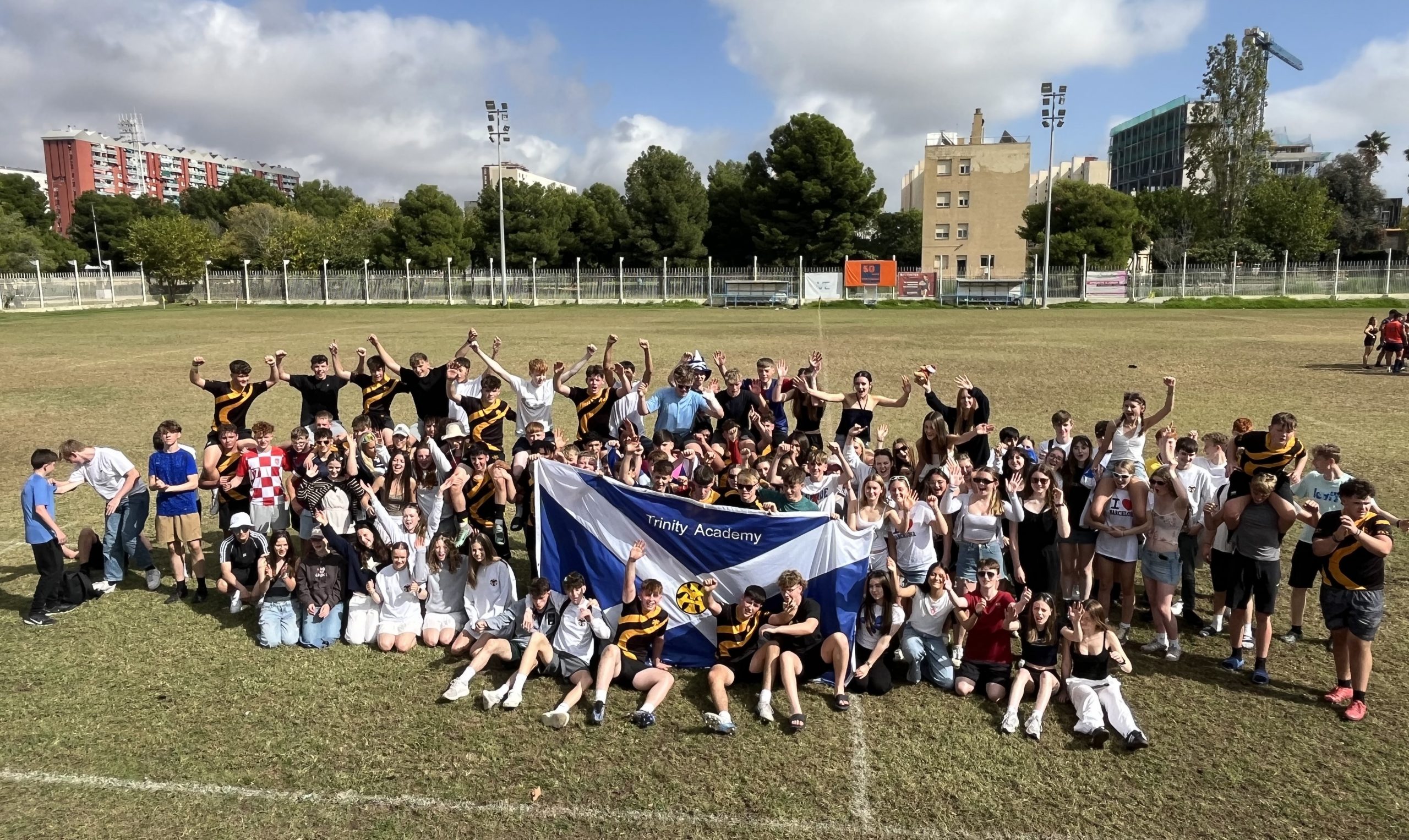 Trinity Academy group photo in Barcelona on sports tour.